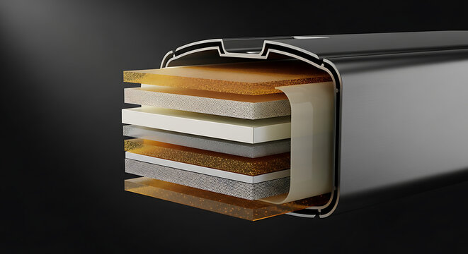 Photorealistic Sodium-Ion Battery Module Peeled Open in Dramatic Cross-Section