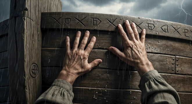 Weathered wet hands touching a wooden ark during a heavy rainstorm. Carved symbols on rough wood planks under a dark sky with lightning. Biblical flood and survival concept