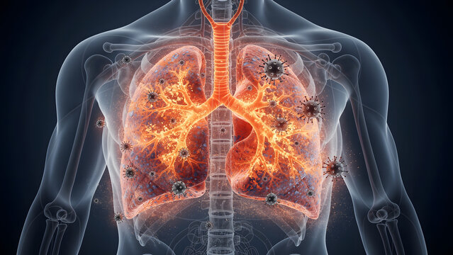 Human lungs infected with hantavirus particles