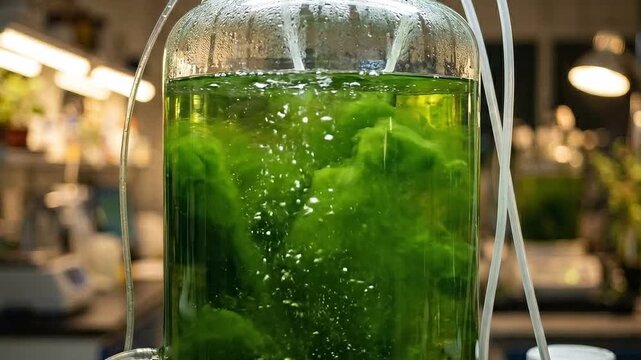 Green algae vigorously cultivates inside a clear glass bioreactor with constant aeration for scientific research.