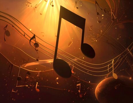 Golden musical notes float in a radiant atmosphere, accompanied by flowing staff lines