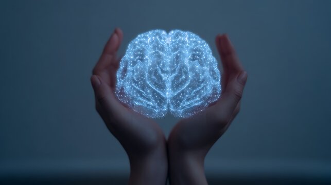 Two hands gently cradle a glowing digital hologram of a brain, symbolizing technology, intelligence, and innovation.