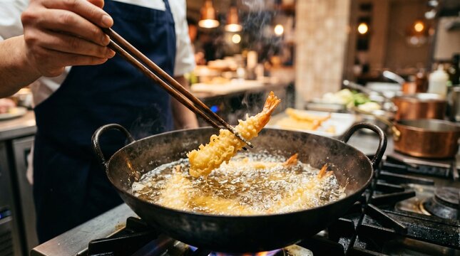 Professional chef frying crispy tempura shrimp in a hot oil wok using chopsticks
