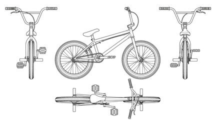Naklejka premium BMX bike technical drawing blueprint with front side back and top views CAD line art vector illustration