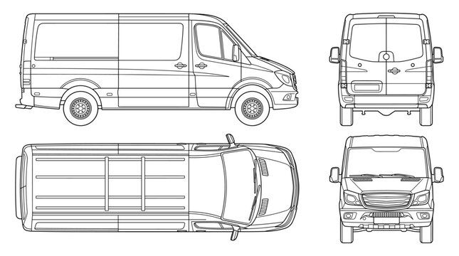 Van technical drawing blueprint with front side back and top views CAD line art vector illustration