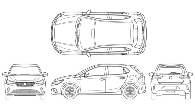 Hatchback technical drawing blueprint with front side back and top views CAD line art vector illustration