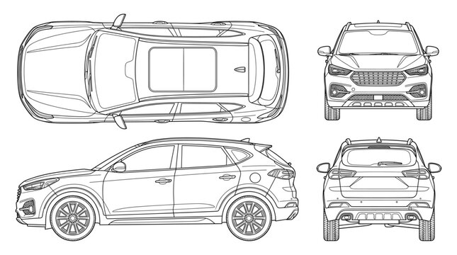 Crossover technical drawing blueprint with front side back and top views CAD line art vector illustration