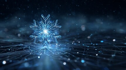 Naklejka premium Futuristic glowing blue snowflake with digital particles and geometric light lines abstract winter background