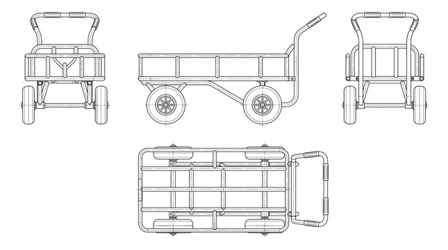 Handcart technical drawing blueprint with front side back and top views CAD line art vector illustration