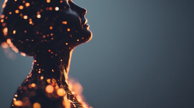 Silhouette of a woman's profile with glowing bokeh lights overlay, creating a dreamy and abstract visual effect against a dark background.