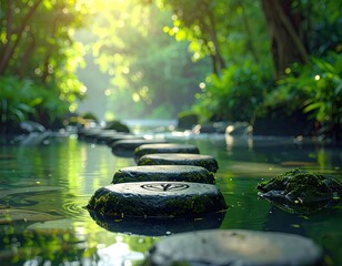 Fototapeta premium Stepping stones cross tranquil water, bathed in dappled sunlit forest foliage
