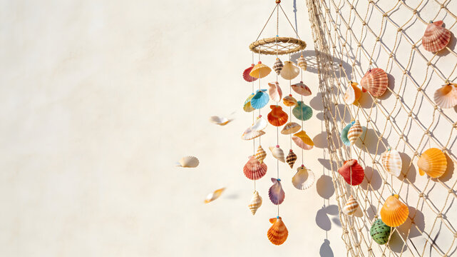 Colorful seashell wind chime hanging on white wall with fishing net background