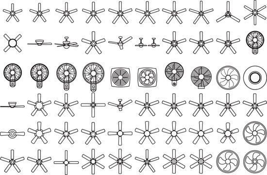 A meticulously curated grid showcases a diverse array of ceiling fan designs, from classic to contemporary styles. The detailed linework presents a technical and architectural view.