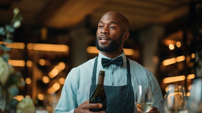 African american sommelier holding wine bottle and glass in restaurant. Professional waiter performing wine service with elegance. Fine dining hospitality and luxury restaurant culture.