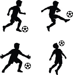 Collection of four silhouettes showing a young boy practicing football skills including kicking and heading. © Vector Creative Art