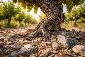 Obraz premium Close-up of ancient vineyard tree trunk amidst pebbles
