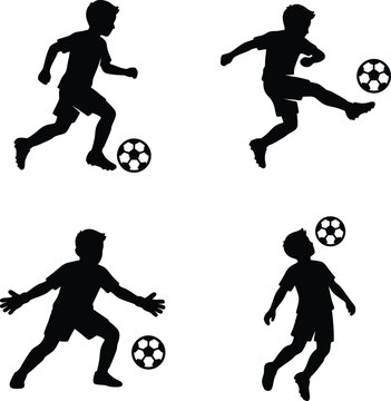 Collection of four silhouettes showing a young boy practicing football skills including kicking and heading.