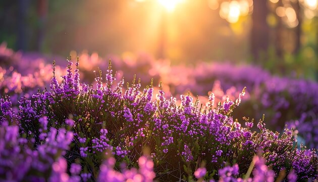 Sunlit purple heather field