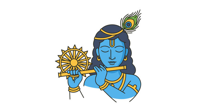 Krishna plays flute with peacock feather blue skin gold jewelry and sun symbol