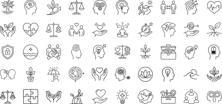 Psychological tools and guidance path linear icons for therapy