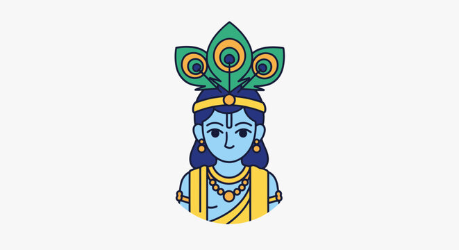 Hindu deity krishna with peacock feather crown and jewelry blue skin yellow dhoti vector illustration for spirituality and culture designs
