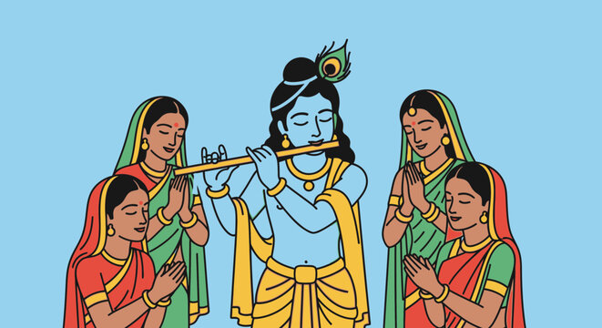 Krishna playing flute with devoted gopis in traditional indian attire on blue background