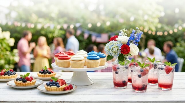 Cheerful Memorial Day dessert table with berry tarts and plain frosted cupcakes