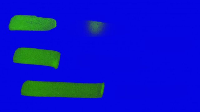 Set of seven animated marker highlighter strokes with varied lengths on blue chromakey background. Naturally optically captured with camera for realistic hand-drawn motion