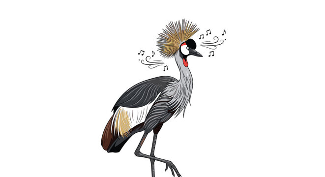 Elegant grey crowned crane bird standing gracefully with musical notes floating around its head as if it were singing a beautiful song.