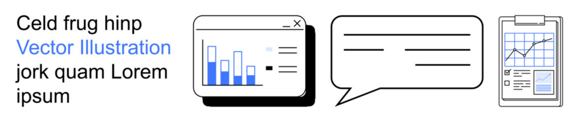 Data analytics, business reporting, communication tools, workflow management, information sharing, productivity. A data chart, speech bubble and clipboard. Data analytics and business reporting © robu_s