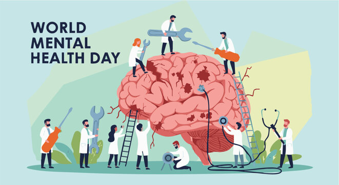 People working together on giant brain in colorful illustration for World Mental Health Day in vibrant teamwork lighting for mental health awareness campaign