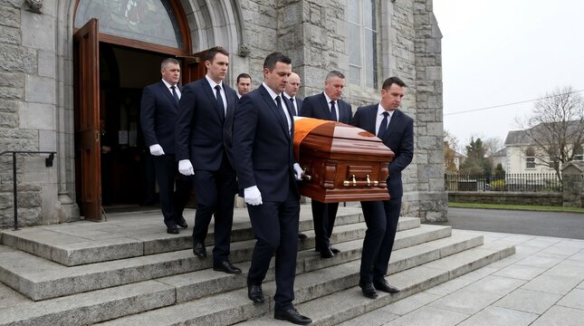 Pallbearers carrying casket outside church on a cloudy day  