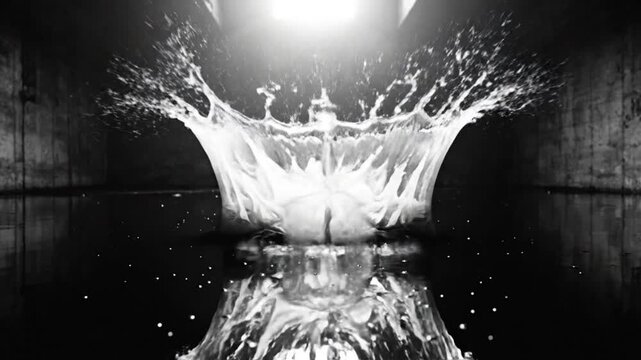 Dramatic slow motion water drop impacting a reflective pool creating dynamic splash and ripple effects in dark room