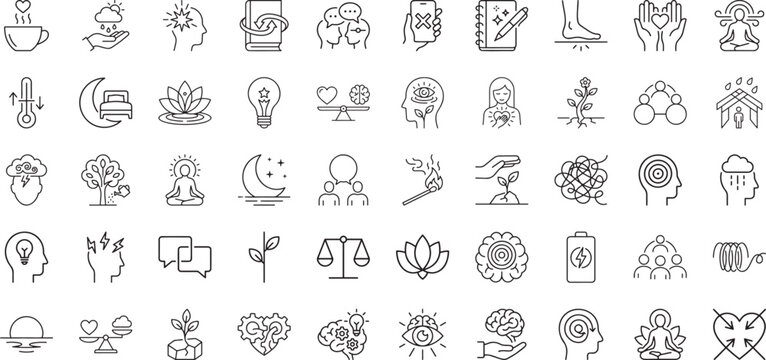 Wellness and mental health icons depicting therapy activities and emotional care