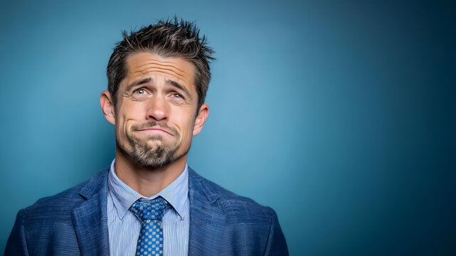 Confused businessman shrugging his shoulders and making a face on blue background, uncertainty concept, generative AI