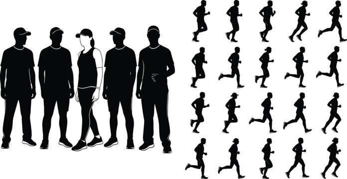 Collection of Human Silhouettes Featuring Fitness Groups Runners and Athletic People Standing in Line