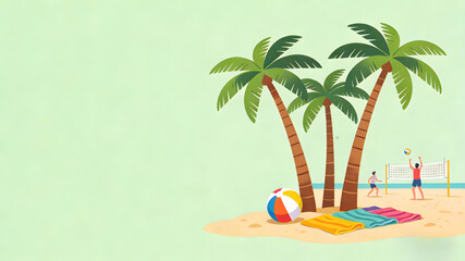 Obraz premium Beach scene with palm trees, colorful towels, and people playing volleyball on sandy shore