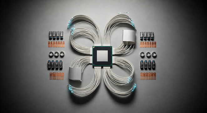 Top-down flat lay of co-packaged optics components arranged on slate surface