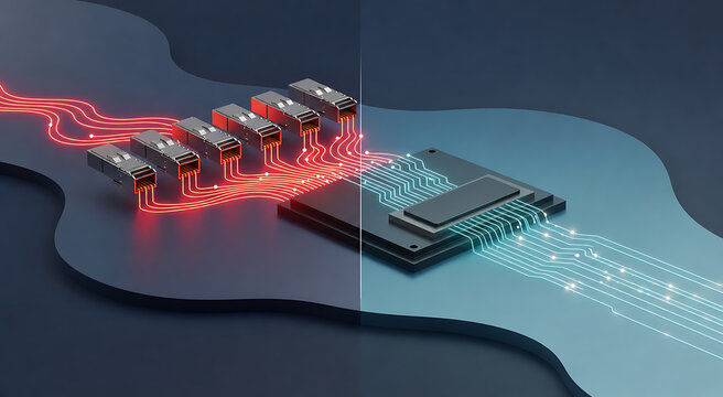 3D infographic comparing pluggable transceiver optics and co-packaged optics