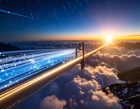 Illuminated bridge with streaks of light traversing clouds at sunrise, symbolizing technological advancement