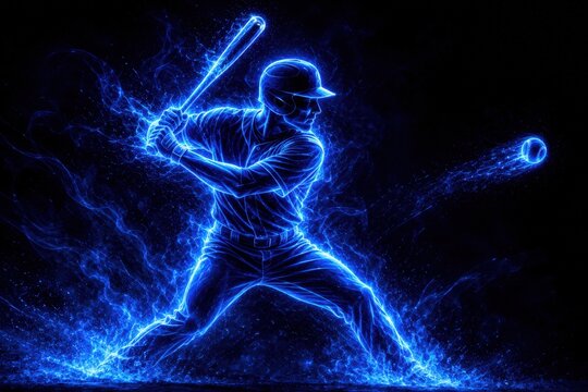 Baseball player silhouette glowing blue energy hitting ball electric effect dark background.