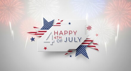 Obraz premium Happy 4th of July graphic with American flag stars and stripes elements and fireworks exploding in the background on a clean white background, festive celebration concept