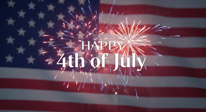 Happy 4th of July text overlay with fireworks exploding in front of a blurred American flag background, celebrating Independence Day with patriotic colors and festive celebration.