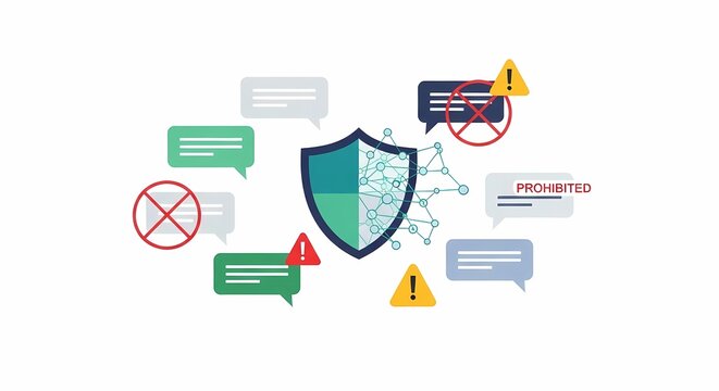Digital security shield protecting against prohibited and harmful online communication, with warning signs and blocked messages.