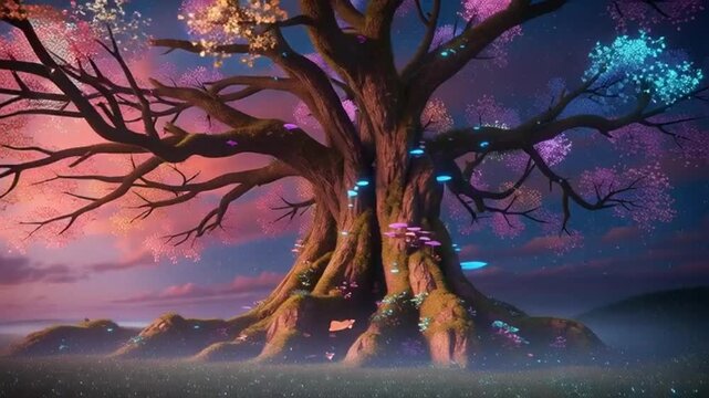 An artistic vector illustration of a fantasy night landscape featuring a snowy winter forest silhouette and a blooming cherry tree with pink flowers under a serene sky