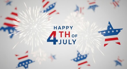 Fototapeta premium Happy Fourth of July greeting with fireworks and stars in patriotic colors, celebrating American Independence Day with festive visual elements and a bright, celebratory atmosphere.