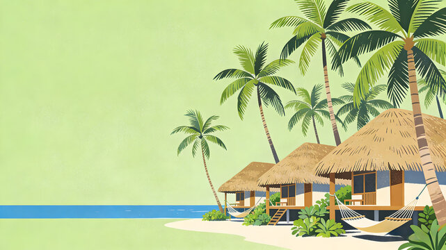 Tropical beach bungalows with thatched roofs and palm trees on sandy shore