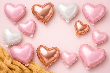 Fototapeta premium Heart-shaped foil balloons arranged on light background for celebration