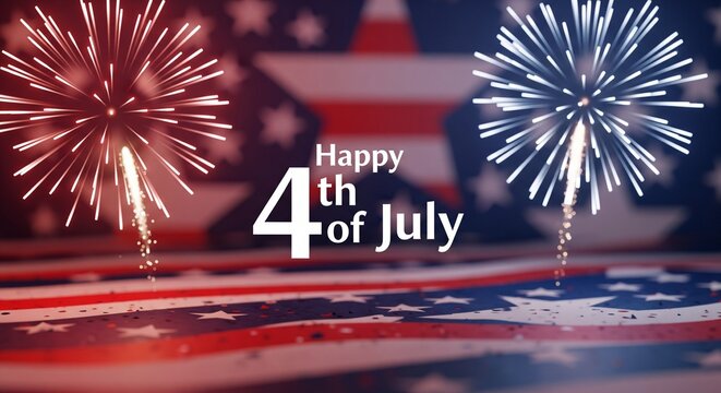 Festive 4th of July celebration with red and blue fireworks exploding over a blurred American flag pattern and patriotic text.