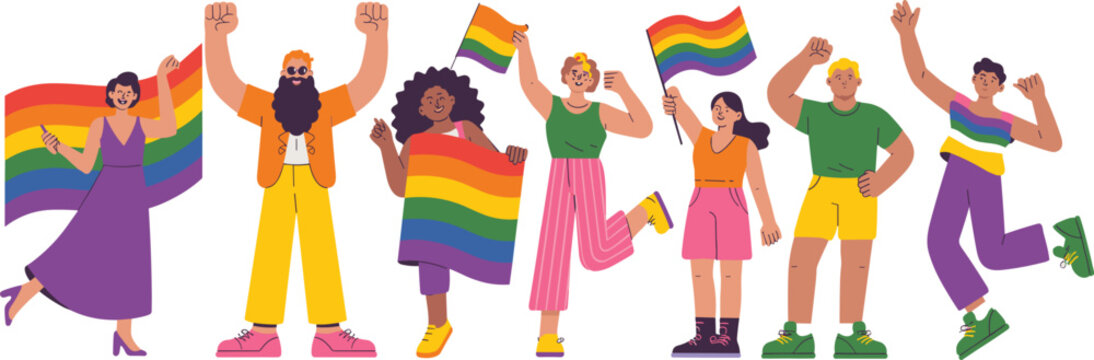 Diverse group of happy people celebrating pride month, carrying rainbow flags and wearing colorful parade clothing